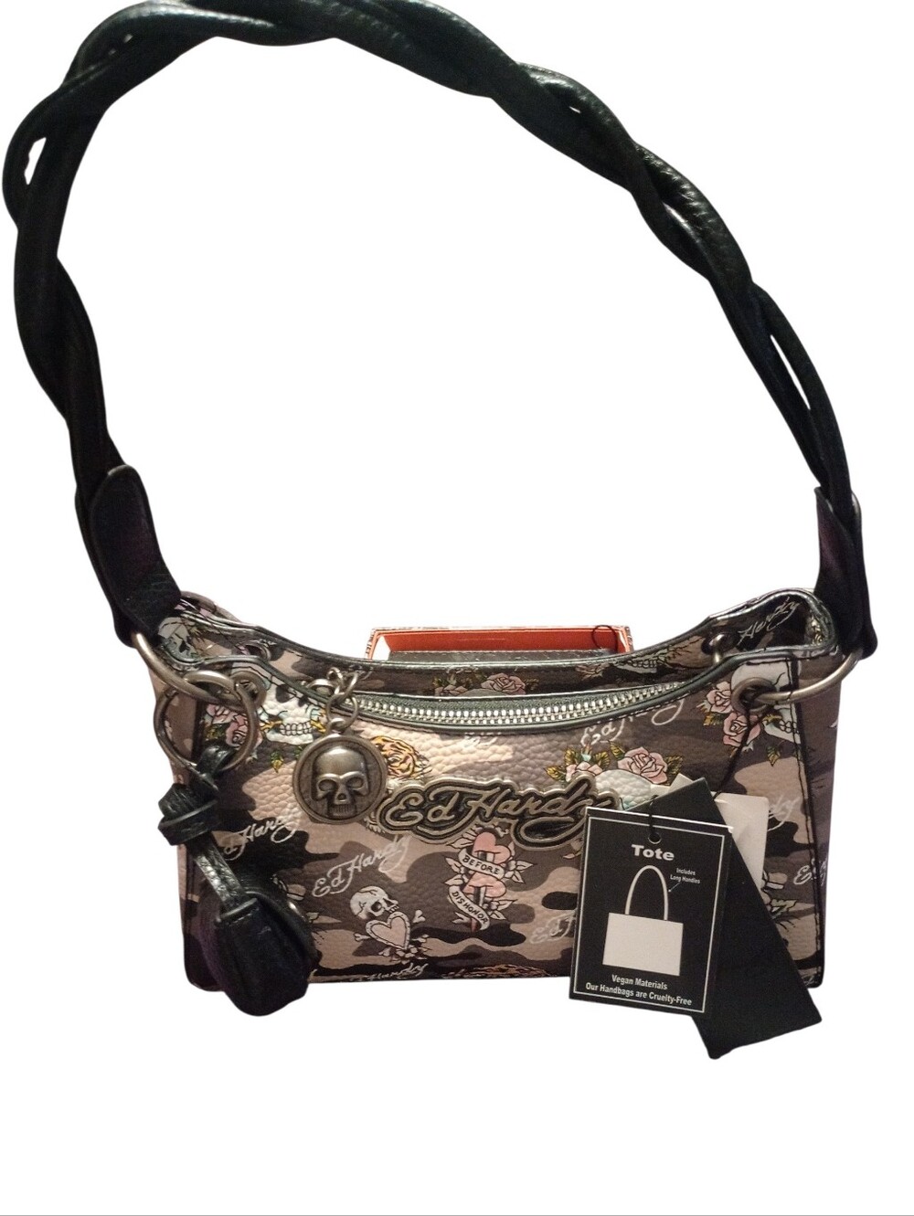 Ed Hardy Pink and Black Camo Tattoo Print Shoulder Bag with Braided Strap, NWT